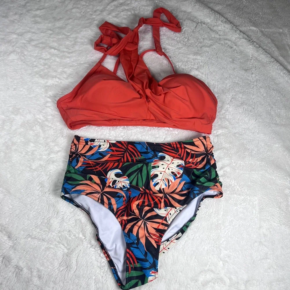 SUUKSESS Women's High Waisted Bikini Tropical Leaf Print Coral Halter Swimsuit M